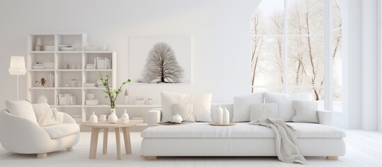 A spacious living room featuring white Scandinavian furniture and a large window that allows ample natural light to fill the room. The minimalist design creates a bright and airy atmosphere.