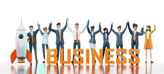 Team of Business people rising hands up as winners and staying next to BUSINESS word, 3D rendering illustration at white with copy space  - obrazy, fototapety, plakaty