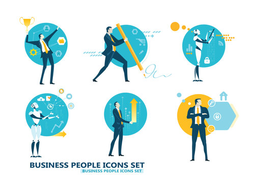 Business people and robot in actions, working, researching, analysing, developing, achieving, job positions, scientists and managers. Set of icons, flat style

