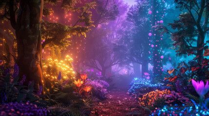 Unusual magical forest plants illuminated by light