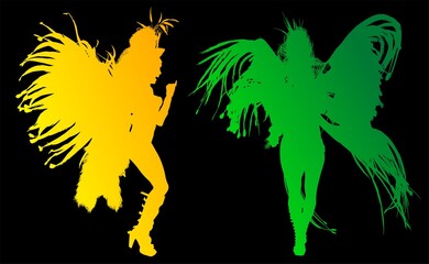 samba, baile, brasil, danza, carnaval, silueta, color, vector, pegatina, plumas, traje, ilustracion, angel, diablo	
