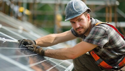 Man working on solar panels installed on a roof. His wearing safety gear including a hardhat, gloves, and a harness. The solar panels are blue with white lines, 