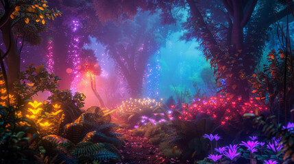 Fototapeta na wymiar Unusual magical forest plants illuminated by light