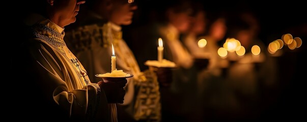 Candlelit Easter vigil service clos. Concept Religious Ceremony, Candlelight Service, Easter Vigil, Spiritual Gathering, Christian Tradition