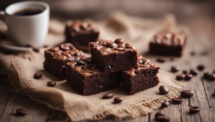 photo chocolate brownies on sackcloth and coffee beans on a wooden table