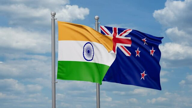 New Zealand and India two flags waving together, looped video, two country cooperation concept