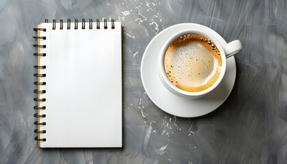 Cup of coffee and notebook on the table.
