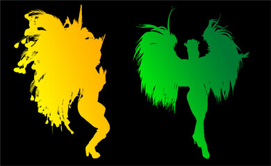 samba, baile, brasil, danza, carnaval, silueta, color, vector, pegatina, plumas, traje, ilustracion, angel, diablo	
