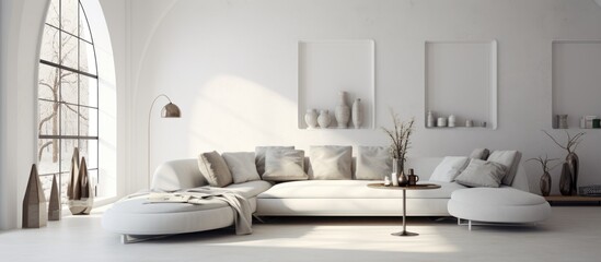 A bright living room featuring a large white couch as the focal point. The room is filled with natural light, casting shadows on the elegant furniture and decor.