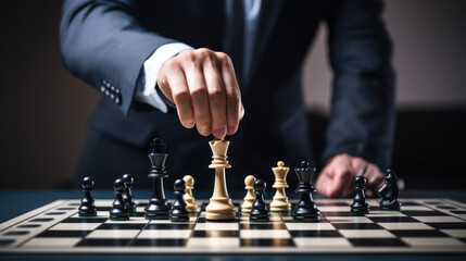 Businessman moving chess piece during game - obrazy, fototapety, plakaty