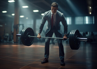 Fototapeta na wymiar Businessman Lifting Weights in Suit at Industrial Loft
