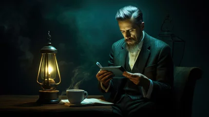 Muurstickers Bearded Man Reading by Lantern Light © Polypicsell