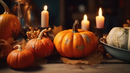 Obraz na płótnie Canvas Autumn Pumpkins and Candles on Rustic Table