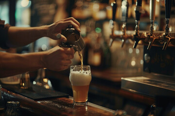Close-up of the bartender's hands gracefully pouring beer into a glass, showcasing the elegant simplicity of the act. - obrazy, fototapety, plakaty