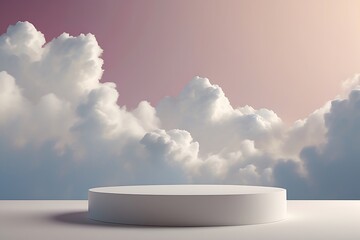 White podium for product presentation with clouds in the sky