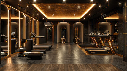 Interior design, luxury gym with a black and gold theme, featuring state-of-the-art fitness...