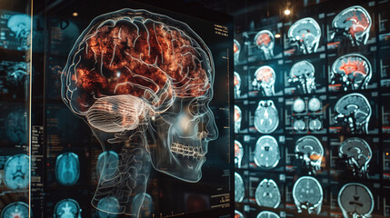 Human head on CT scan with brain background. Overlay on old paper texture. Retro style. Medical, science and education mri brain background. Magnetic resonance imaging. patient at a reception.