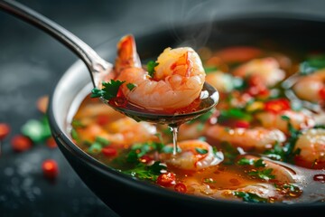 Tom Yum Kung with steam rising softly.
