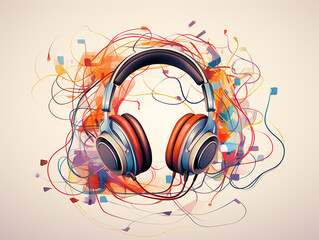 Illustration of a set of headphones with tangled wires in a clean and minimalist style. 