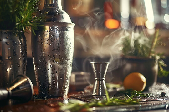 Zooming in on the intricate details of a barman's tools - a shaker glistening with condensation, a muddler crushing fresh herbs, and a jigger poised for precise measurement