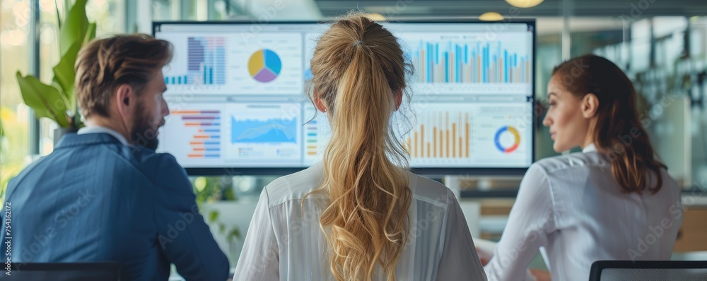 Aufkleber Office workers discussing dashboard charts. Generative AI.