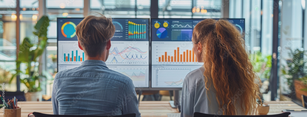 Leinwandbilder office workers discussing dashboard charts. generative ai.
