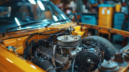 Car engine, mechanic, and tools: The triad of auto repair, capturing the essence of vehicle maintenance work - obrazy, fototapety, plakaty