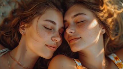 two young women pose on a bed, close up on faces together, exuding comfort and friendship in their expressions