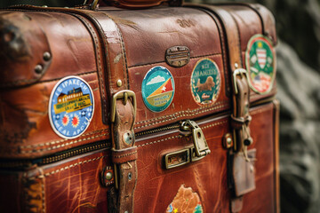 Close-up of a retro leather suitcase adorned with travel stickers, symbolizing a life of adventure and sophistication - obrazy, fototapety, plakaty