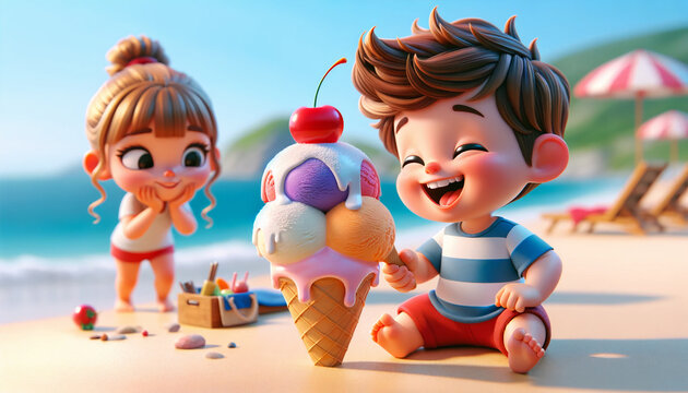Happy summer holiday- family on the beach and big tasty ice cream cone in the sand- style cartoon
