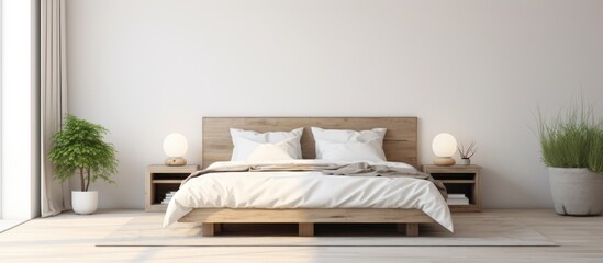 A light and airy bedroom featuring white walls and a large, comfortable bed with crisp white sheets. A creative lamp sits atop a wooden coffee table, adding a touch of style to the room.