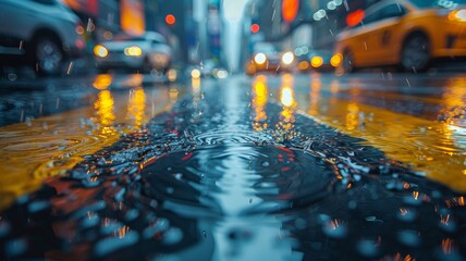 A busy city street with cars and taxis driving through a rainstorm - obrazy, fototapety, plakaty