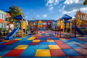 Children Engaging in Play on a Colorful Playground, To showcase the joy and benefits of playtime for children in a colorful and welcoming public space - obrazy, fototapety, plakaty