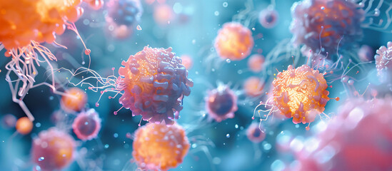 3D rendered visualization of various virus cells with dynamic tendrils on a blue backdrop. Scientific concept for medical research and immunology presentations