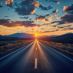 A long road with a sunset in the background