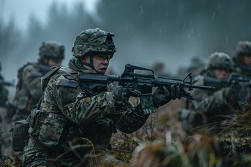 Fototapeta premium Soldiers Undergo Rigorous Training Exercises, To showcase the dedication and hard work of soldiers in preparing for their duty through intense