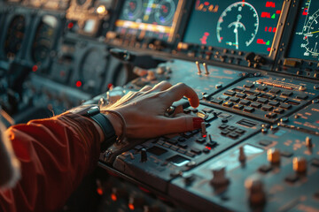 A tight shot of the trainee pilot's hand reaching for the communication switch, under the guidance of her instructor