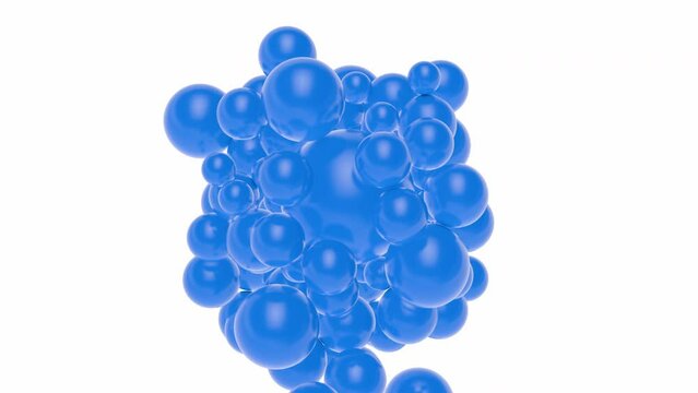 3d blue spheres flying on white background and are attracted to big ball. Abstract fashion composition. Modern animation.