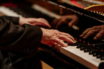 A musician's hands gracefully striking piano keys, each movement a symphony in itself - obrazy, fototapety, plakaty