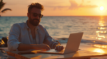 person working on laptop at sunset - obrazy, fototapety, plakaty