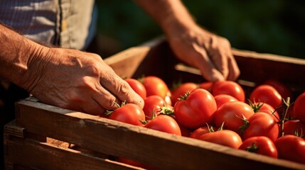 Farmer Holding Wooden Box of Freshly Harvested Tomatoes