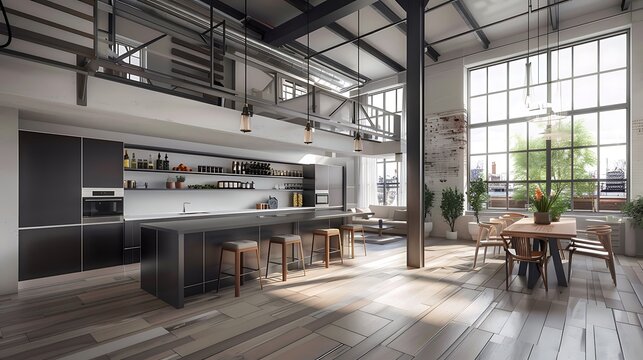 Large modern open space loft kitchen interior with large kitchen island and bar chairs