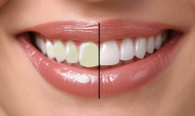 Before and after teeth bleaching or whitening treatment. Close-up of young Caucasian female's  - obrazy, fototapety, plakaty