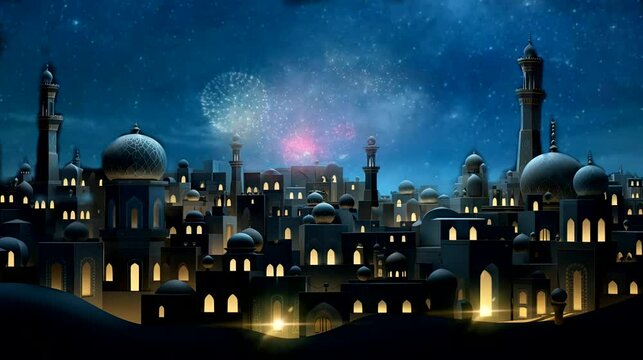 a serene wallpaper featuring a moonlit night with traditional Ramadan hanging from rooftops. seamless looping time-lapse virtual 4k video animation background