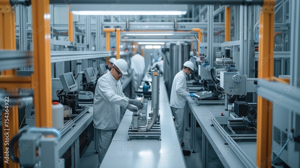 Poster Group of engineer working on high-tech machines in a modern factory. Generative AI.