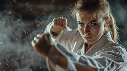 a woman practices karate - obrazy, fototapety, plakaty