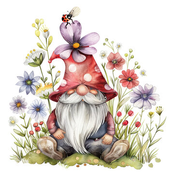 Gnome sitting in Wildflower Meadow with ladybug Illustration
