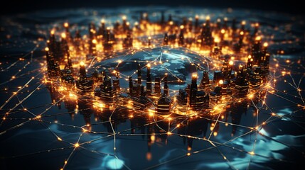 Future world digital technology network background with Night city map big data global communication
