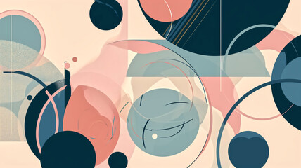 Contemporary digital art featuring a composition of abstract geometric shapes and lines in a pastel...