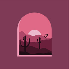 Flat vector desert landscape with sunset in minimalist style.